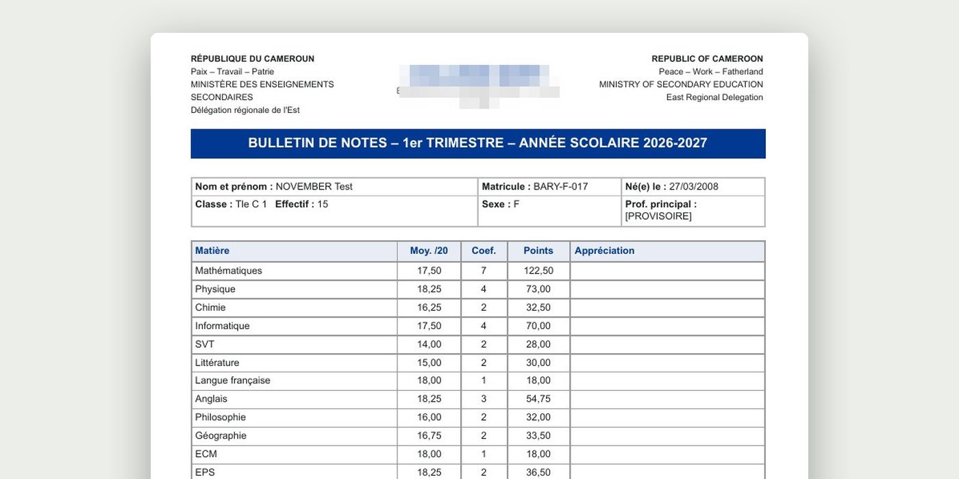 Le bulletin généré depuis un modèle Google Docs (élève fictif)