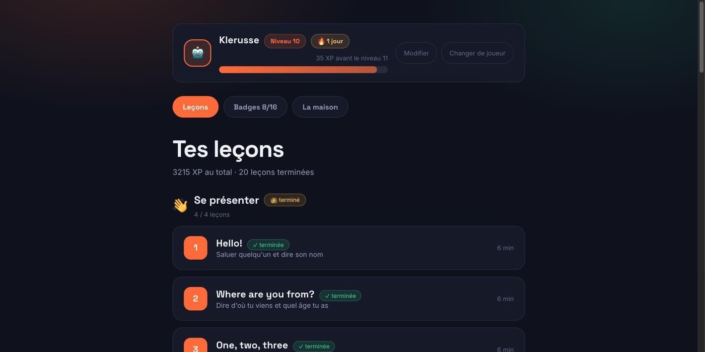 Écran des leçons : progression, XP et série