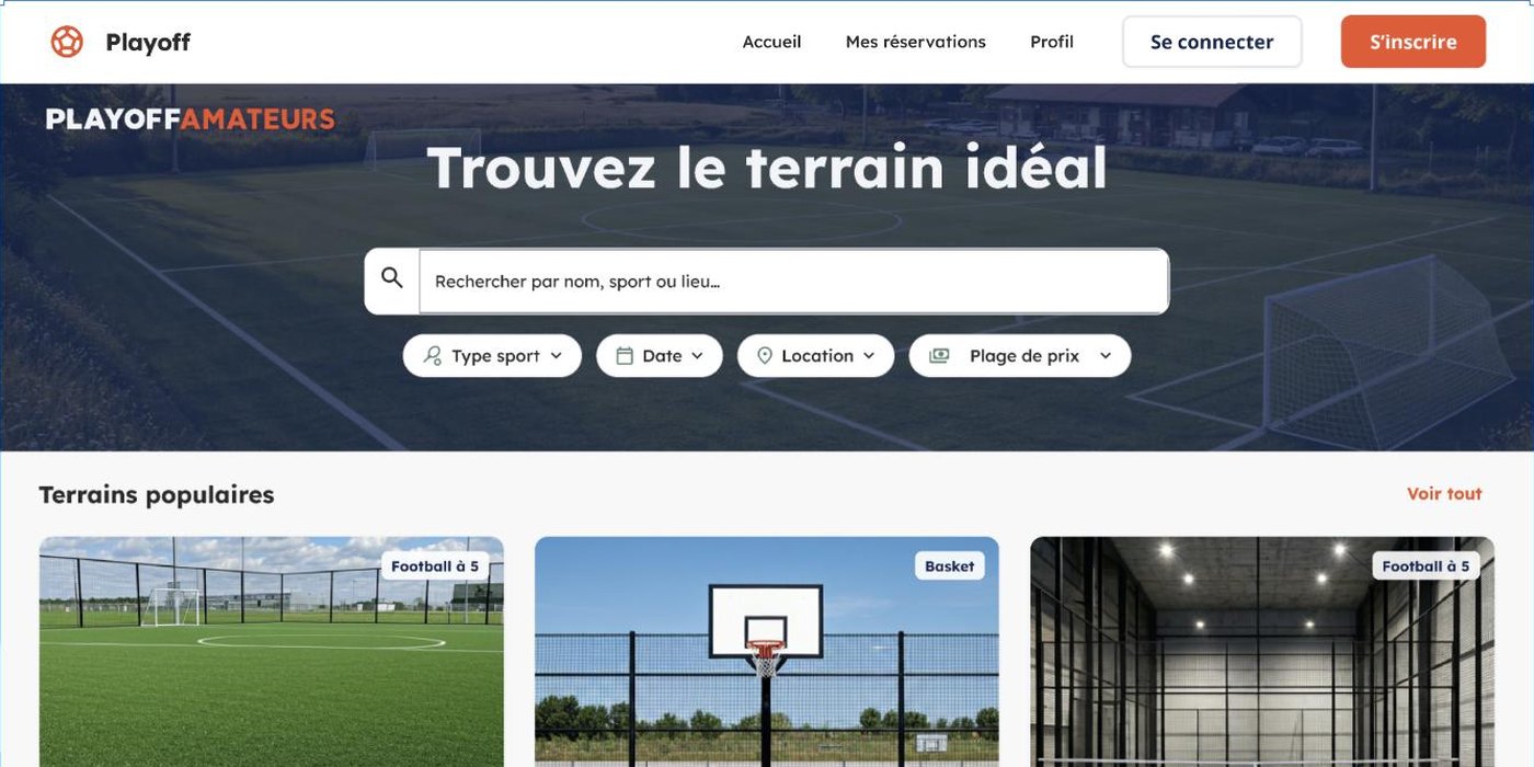 Maquette Figma · page d'accueil : recherche d'un terrain par sport, date, lieu et prix