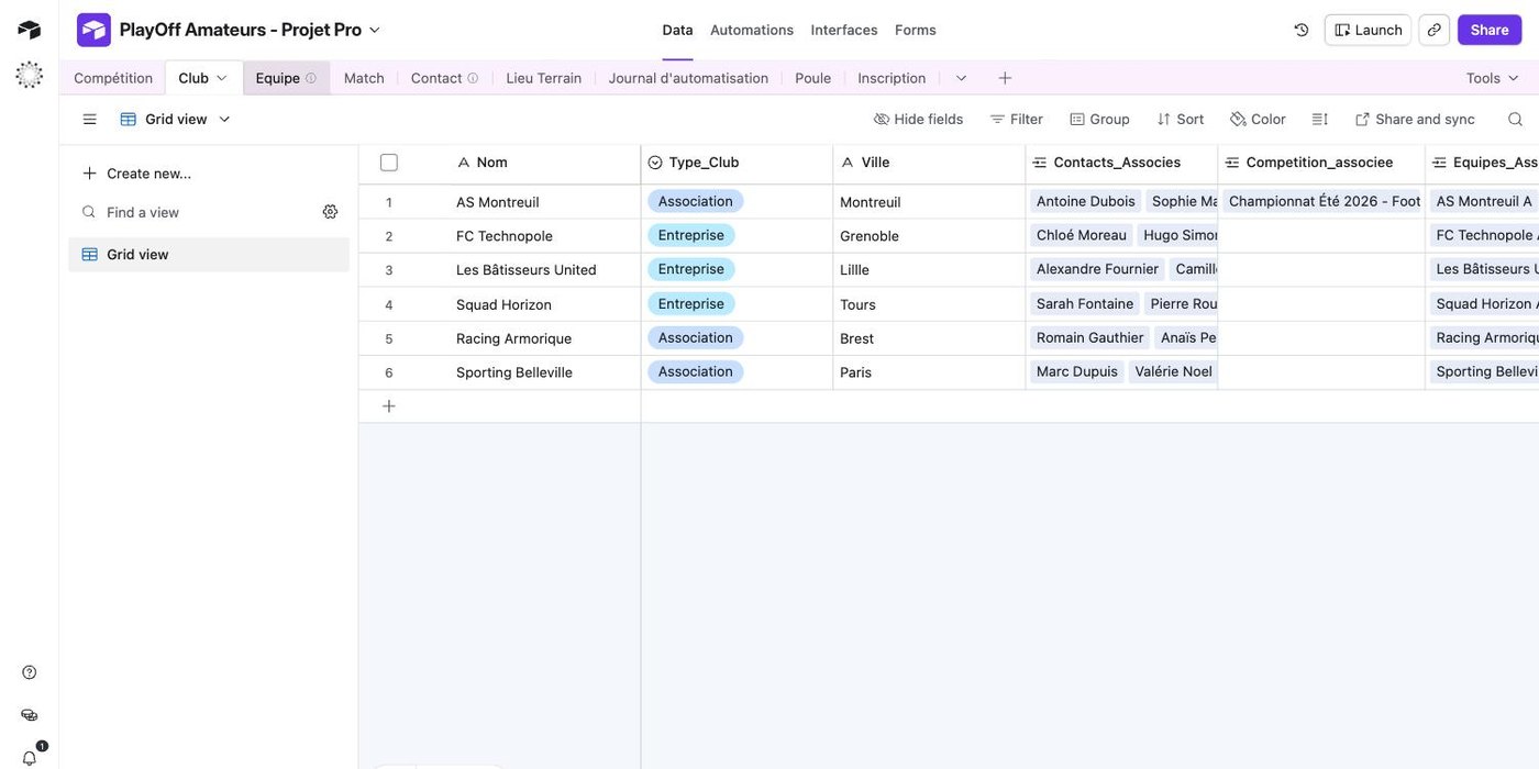 Airtable · clubs, équipes, matchs, inscriptions et contacts reliés entre eux