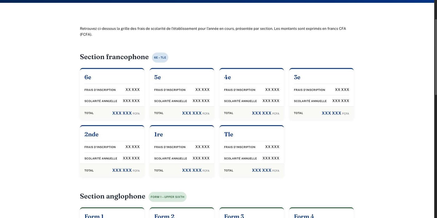 Page « Frais de scolarité » : une carte par classe, deux sections
