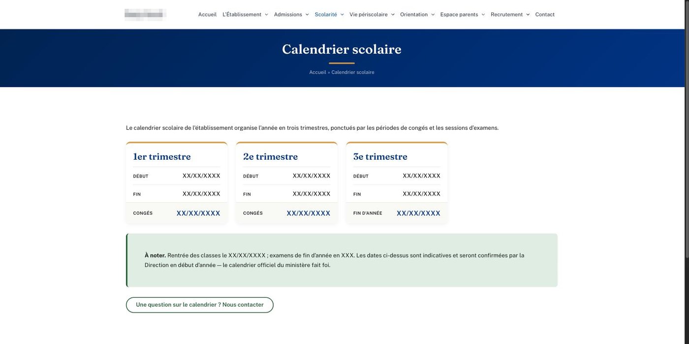 Page « Calendrier scolaire » : trimestres et note d'information